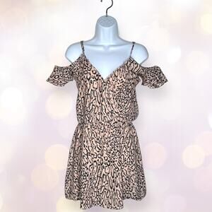 PARKER 100% Silk Cold Shoulder V-Neck Mini Dress Animal Print Banded Waist Pink